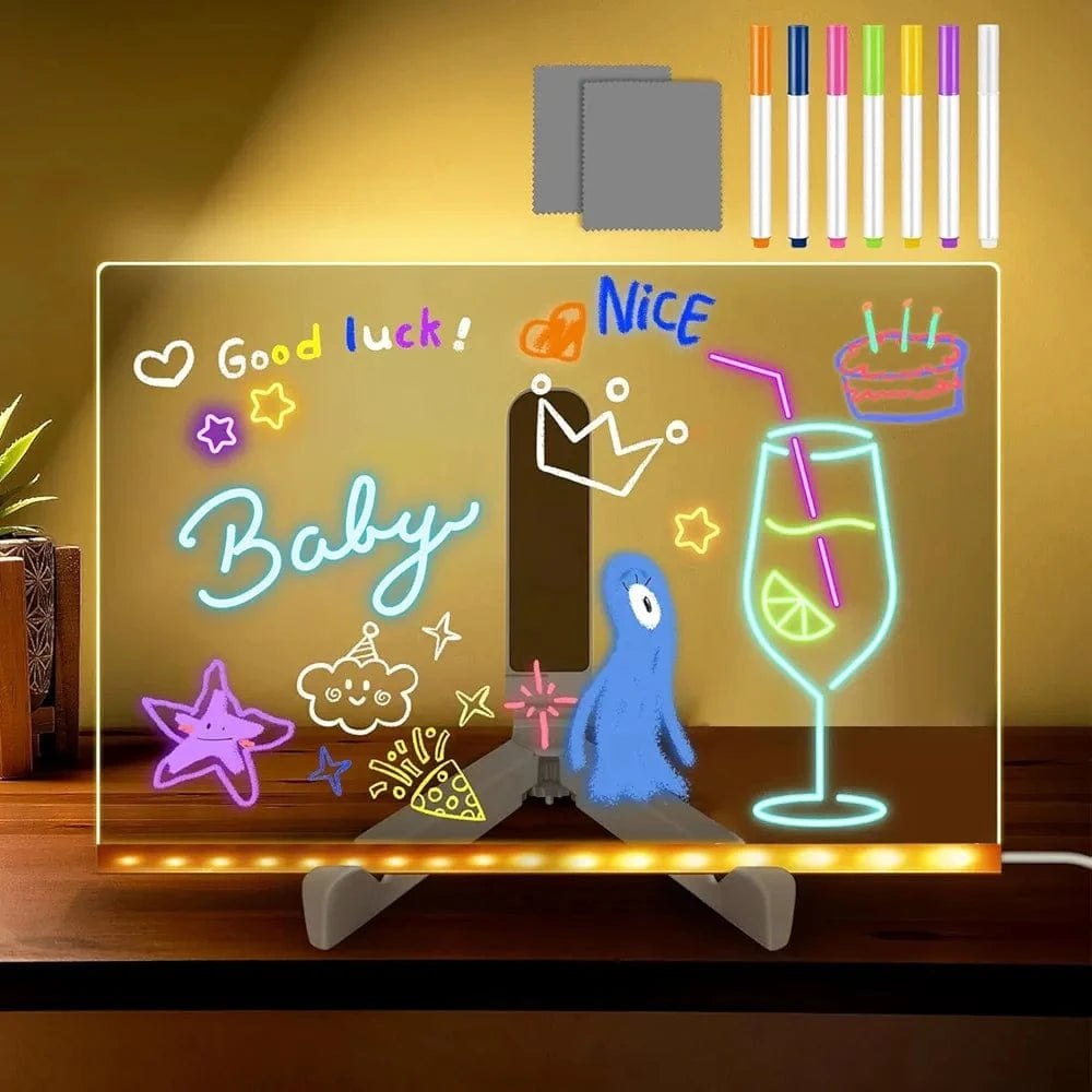 ACMHNC Tableau lumineux Message LED, Tablette lumineuse Dessin, Tableau Magique Enfant Effaçable avec 7 Stylos Néons, Avec Support Réglable, Cadeau Créatif Pour Enfants, Fille, 30 x 20 cm