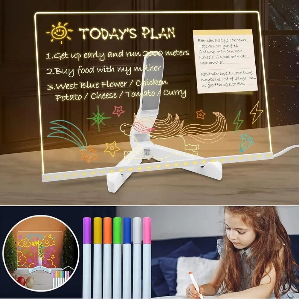 ACMHNC Tableau lumineux Message LED, Tablette lumineuse Dessin, Tableau Magique Enfant Effaçable avec 7 Stylos Néons, Avec Support Réglable, Cadeau Créatif Pour Enfants, Fille, 30 x 20 cm