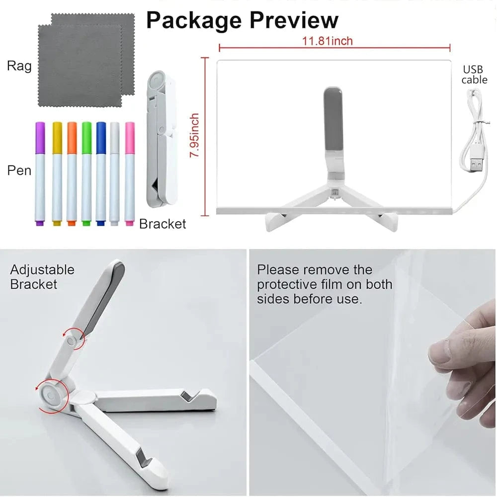 ACMHNC Tableau lumineux Message LED, Tablette lumineuse Dessin, Tableau Magique Enfant Effaçable avec 7 Stylos Néons, Avec Support Réglable, Cadeau Créatif Pour Enfants, Fille, 30 x 20 cm